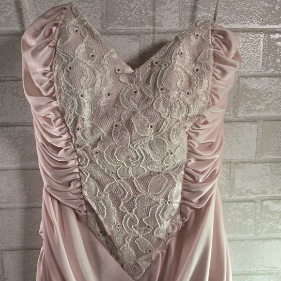 80s Vintage Prom Dress Satin Pink Lace Bodice Sleeveless Ruched Union Made Small - Picture 2 of 16